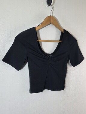 Vero Moda Womens XS Black Ruched Crop Top Soft Stretch Short Sleeve Scoop Neck